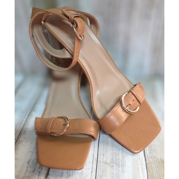 Soda Shoes - SODA Women's Tan Buckle Block Heel Sandals Square Toe Ankle Strap